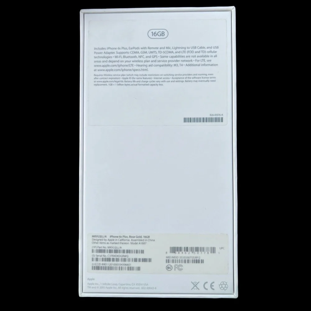 VTG Apple iPhone 6S Plus White EMPTY Box‎ Only Retail Packaging Logo 2 Stickers